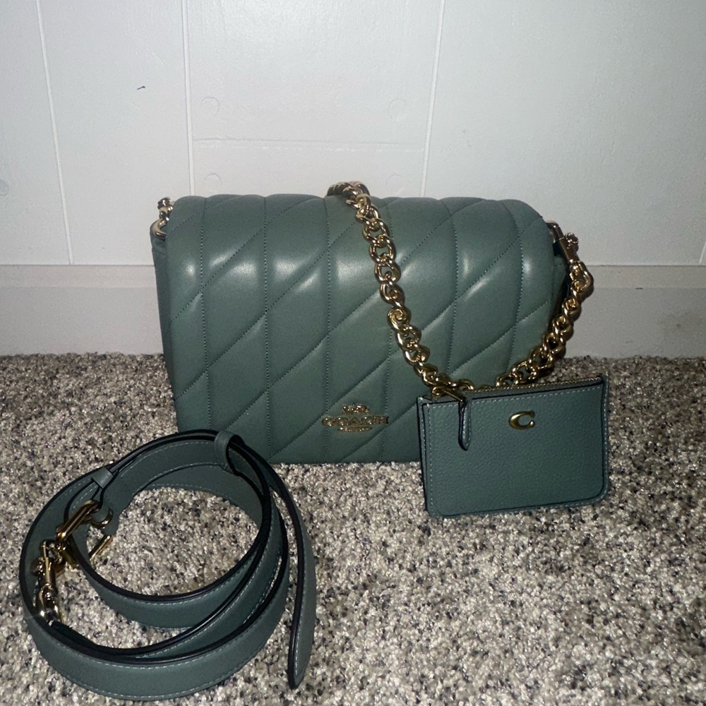 Coach Sage Quilted Quinn Shoulder Bag with Matching Card Case